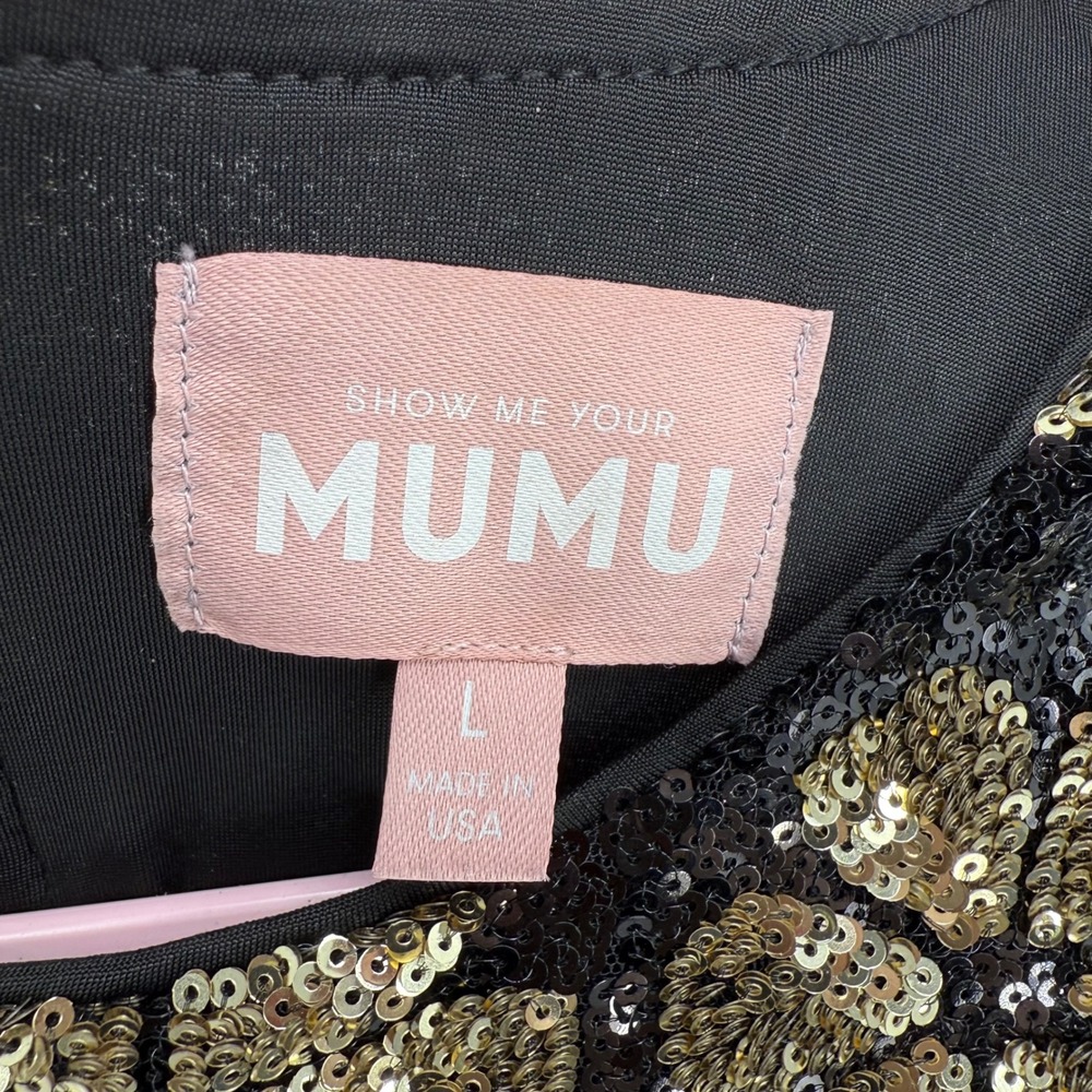 Show‎ Me Your Mumu Maddison Mini Dress Gold Clover Sequin Black MR4-5706 DG92 L - Picture 2 of 6